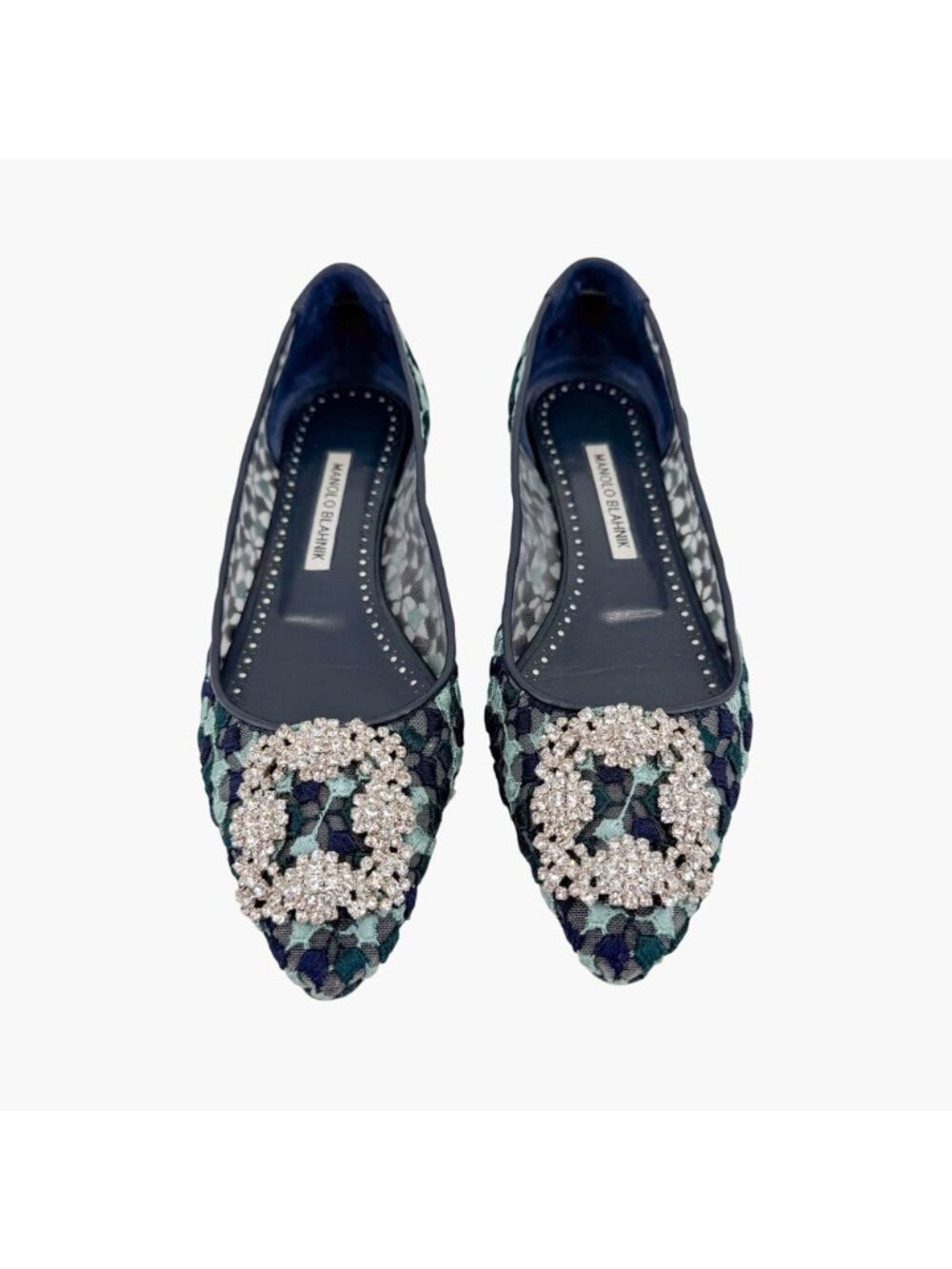 Manolo Blahnik Hangisi Ballet Flats Blue Lace Size 37.5 US 7.5 Crystal Pointed - Picture 3 of 15